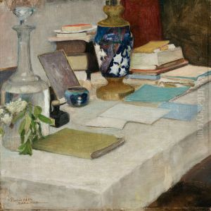 Stilleben med bocker, vas och vattenkaraffin by Pekka Halonen