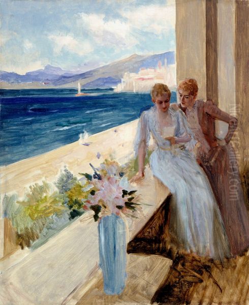 Taiteilijan vaimo ja Emilie von Etter parvekkeella Cannes'ssa - view 1