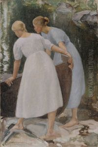 Girls Pushing a Boat by Pekka Halonen
