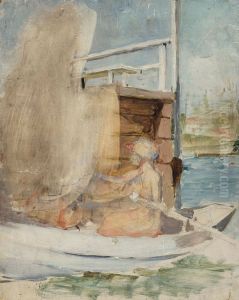 Nainen veneessa laiturin luona by Albert Edelfelt