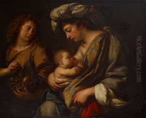 Pakomatkalla Egyptiin. Neitsyt Maria imettaa Jeesus-lasta. by Giovanni Francesco Barbieri