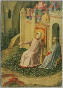 Gregoire le Grand refusant la tiare pontificale, extrait d'un panneau decoupe representant des scenes de la Thebaide by Fra Angelico