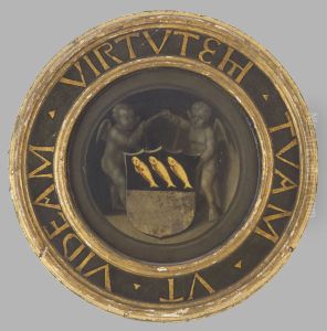 Two Putti Holding a Shield; reverse of Three Singing Angels; family shield of Van Volden by Jan Van Eyck