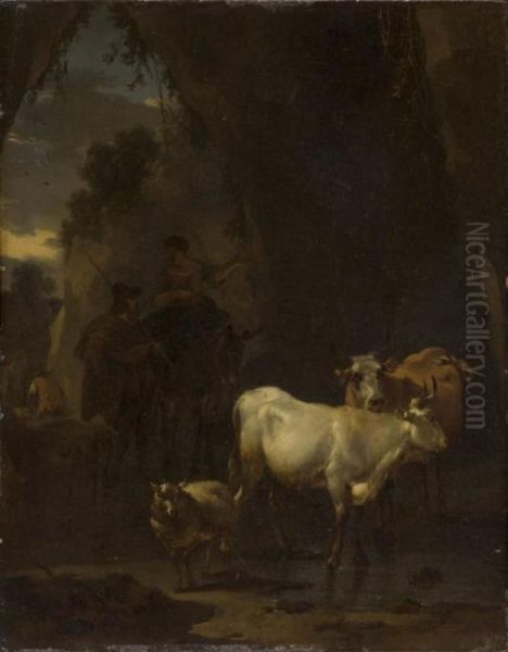 Shepherd and shepherdess with cattle in a rocky landscape - view 1