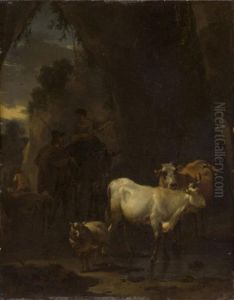 Shepherd and shepherdess with cattle in a rocky landscape by Nicolaes Pieterszoon Berchem