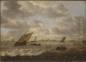 Schepen voor de kust; links en rechts zicht op een stad by Abraham Van Beijeren
