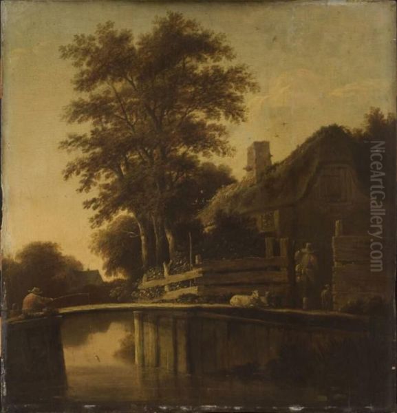 Cottage by a river, with an angler and sheep on a bridge - view 1