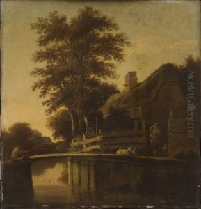 Cottage by a river, with an angler and sheep on a bridge Cottage by a river, with an angler and sheep on a bridge