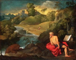 Hilly landscape, with St. Jerome and a lion by Paris Bordone