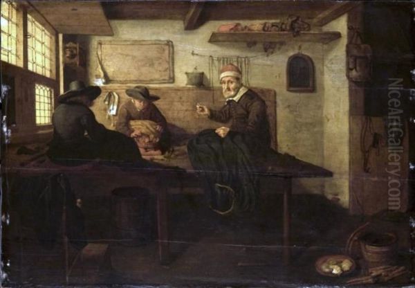 Tailor with two assistents in his workshop - view 1