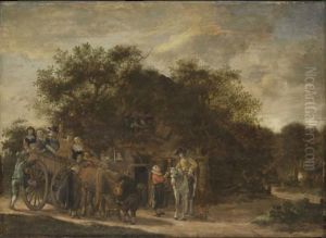 Company in a horse-drawn carriage halting at an inn