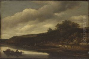 River landscape with rowing boats, a shepherd on the bank River landscape with rowing boats, a shepherd on the bank