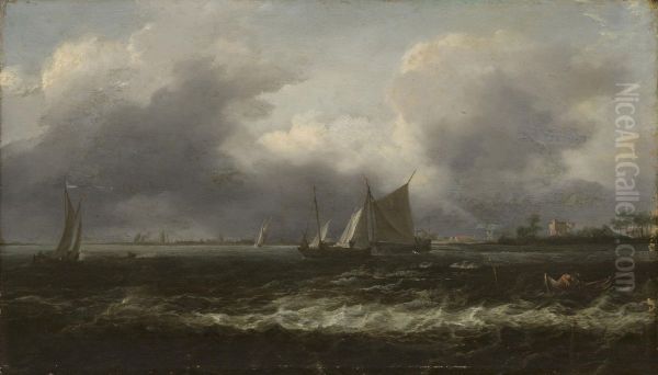 Schepen op een binnenwater met rechts op de voorgrond twee vissers in een roeibootje - view 1