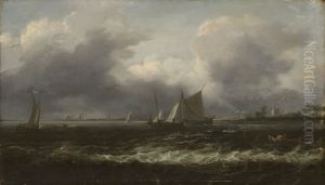 Schepen op een binnenwater met rechts op de voorgrond twee vissers in een roeibootje by Allaert van Everdingen