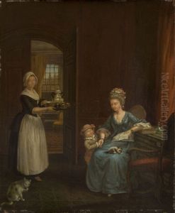 Interieur met moeder en kind, bediend door een kamermeisje by Maria Margaretha La Fargue