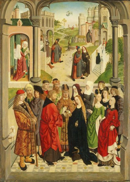 Het huwelijk van Maria. In de achtergrond (van links naar rechts) de geboorte van Maria, Joachim wordt de tempel uitgejaagd, de verkondiging aan Joachim, de ontmoeting bij de Gouden Poort en de presentatie van Maria in de tempel - view 1