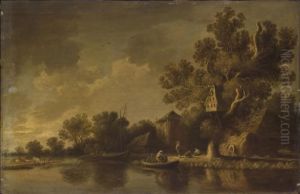 River landscape with a haystack, a dovecote and a cottage by the water