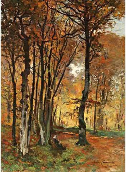 Femme Tricotant Enforet De Fontainebleau, A L'automne - view 1