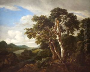 Hilly landscape with several large oaks by Jacob Van Ruisdael