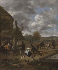 Landscape with an inn and men playing skittles by Jan Steen