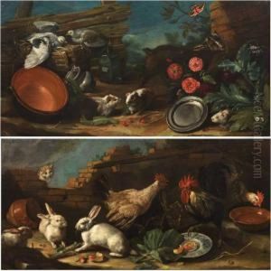 Gallinacei E Conigli Rimirati Da Un Gatto 
 Porcellini D'india, Capretta E Piccioni Novelli