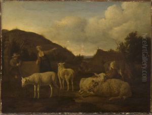A Shepherd and a Shepherdess with a Flock of Sheep by Adriaen Van De Velde