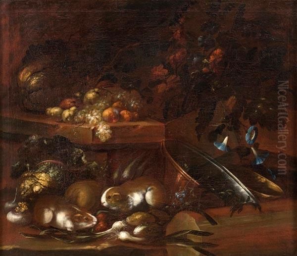 Natura Morta Di Fiori, Frutta E Vettovaglie Con Roditori - view 1