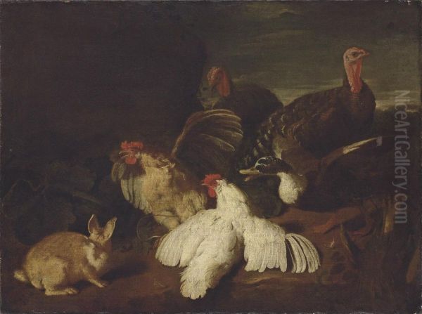 Hens, Turkeys, A Duck And A Rabbit, In A Park Landscape - view 1
