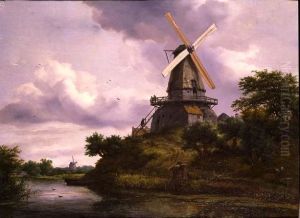 Landscape with a windmill by a river by Jacob Van Ruisdael