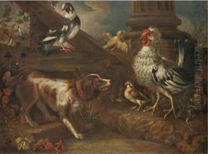 A Farmyard Still Life With A Spaniel, A Cockerel, Chicks, And A Pigeon by Niccolo Cassana