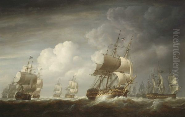 A fleet of East Indiamen at sea - view 1