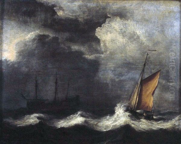 Dreimaster und Fischerboot bei sturmischer See - view 1