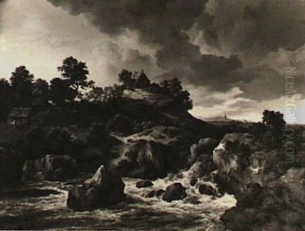 Hilly landscape with a waterfall - view 1