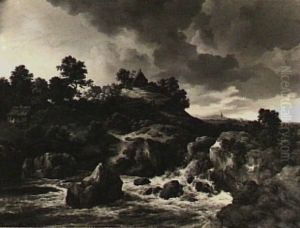 Hilly landscape with a waterfall by Jacob Van Ruisdael