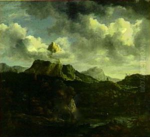 Berglandschap met rivier op de voorgrond by Jacob Van Ruisdael