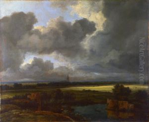 Weite Landschaft mit zerstorten Befestigungsanlagen und einer Kirche im Hintergrund Weite Landschaft mit zerstorten Befestigungsanlagen und einer Kirche im Hintergrund