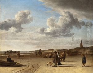 Gezicht op het strand te Scheveningen by Adriaen Van De Velde
