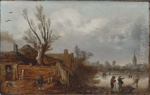 Cottages and Frozen River by Esaias Van De Velde