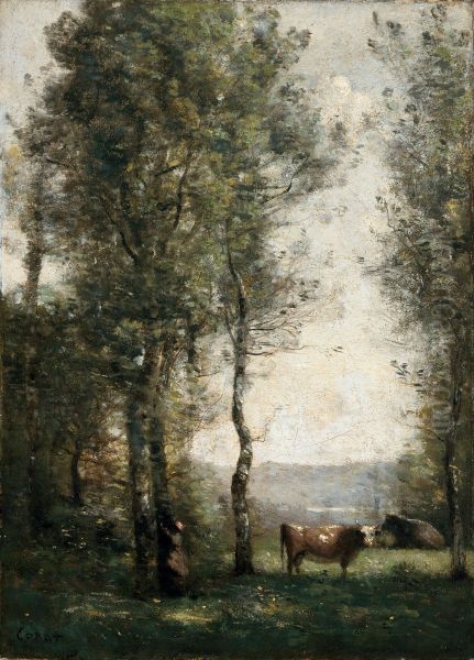 Wooded landscape with cows in a clearing - view 1