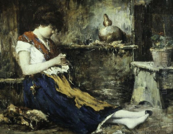 Seated woman, sewing - view 1
