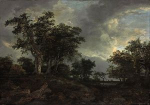 Boslandschap met een vijver by Jacob Van Ruisdael