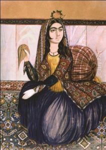 Portrait of sitting woman by Mirza Gadim Iravani