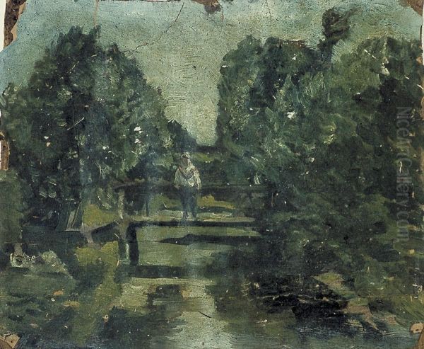 Figure on bridge in forest - view 1