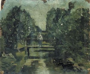 Figure on bridge in forest