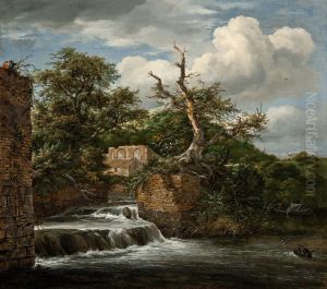 Landscape with a mill-run and ruins by Jacob Van Ruisdael