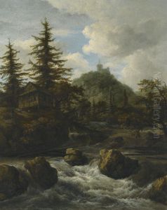 Mountainous landscape with a waterfall, a cottage, and a castle by Jacob Van Ruisdael