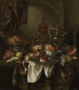 Still life with fruit, roast, silver- and glassware, porcelain and columbine cup on a dark tablecloth with white serviette.