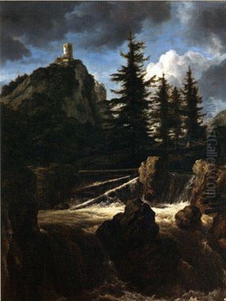 Castle on a Mountain with a Waterfall and Pine trees - view 1