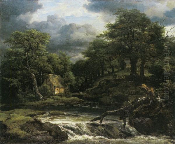 Hilly wooded landscape with a half-timbered house by a waterfall - view 1