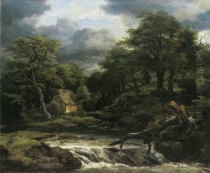 Hilly wooded landscape with a half-timbered house by a waterfall by Jacob Van Ruisdael